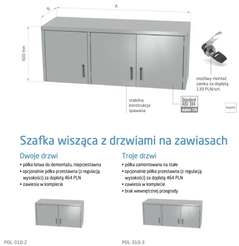 Przejdź do produktu Szafka wisząca z drzwiami na zawiasach, dwoje drzwi POL-310-2, 900x400x(H)600mm