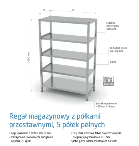 Przejdź do produktu Regał magazynowy z półkami przestawnymi, 5 półek pełnych POL-356, 1300x500x(H)1800mm