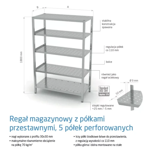 Przejdź do produktu Regał magazynowy z półkami przestawnymi, 5 półek perforowanych POL-357, 1400x500x(H)1800mm
