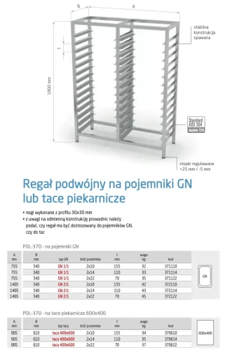 Przejdź do produktu Regał podwójny na pojemniki GN POL-370, 2x14 poziomów, 1405x540x(H)1800mm