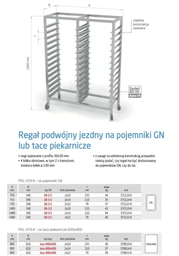 Przejdź do produktu Regał podwójny jezdny na pojemniki GN POL-370-K, 2x22 poziomy, 1405x540x(H)1800mm