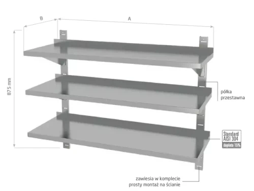 Przejdź do produktu Półka wisząca przestawna, potrójna z dwiema konsolami POL-385, 800x300x(H)875mm