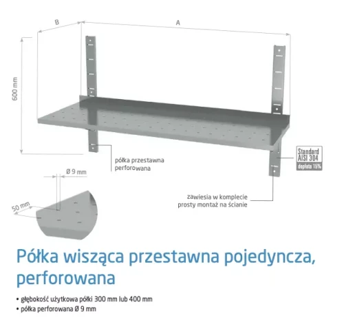 Przejdź do produktu Półka wisząca przestawna pojedyncza, perforowana z dwiema konsolami POL-381-PERF, 1200x300x(H)600mm