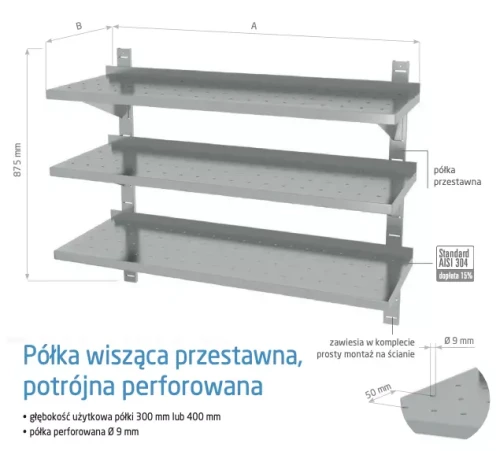 Przejdź do produktu Półka wisząca przestawna potrójna, perforowana z dwiema konsolami POL-385-PERF, 600x300x(H)875mm