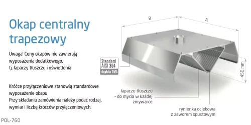 Przejdź do produktu Okap centralny trapezowy POL-760, 5000x2400x(H)450mm