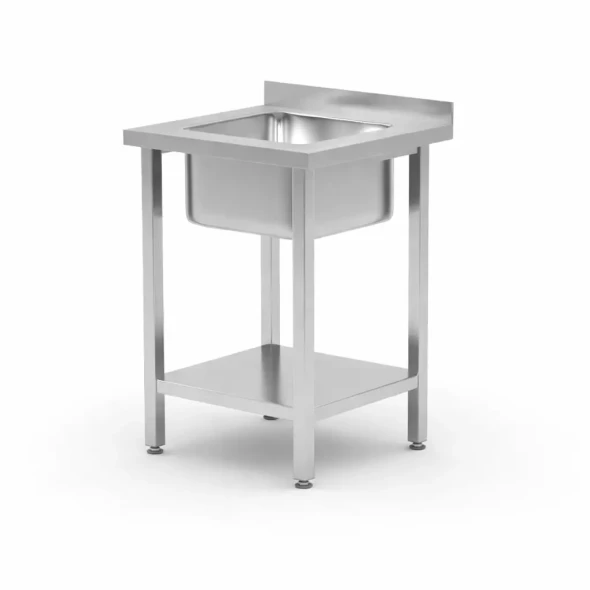 Stół ze zlewem i półką – skręcany, HENDI, Kitchen Line, zlew wyśrodkowany, 600x600x(H)850mm