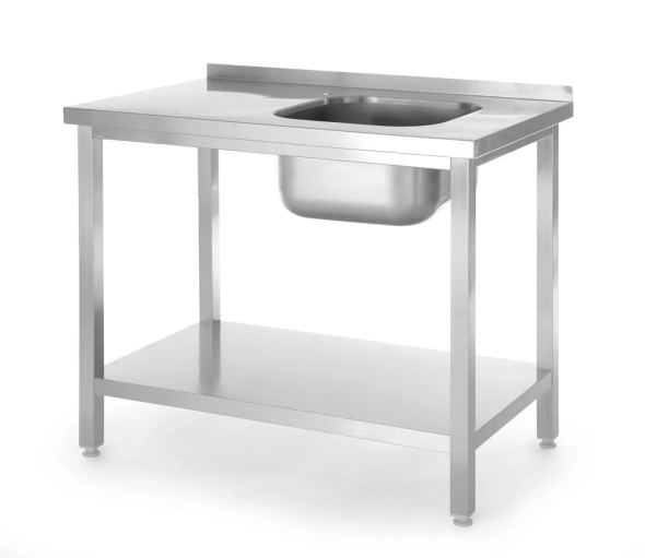 Stół ze zlewem i półką – skręcany, HENDI, Kitchen Line, zlew po prawej, 800x600x(H)850mm
