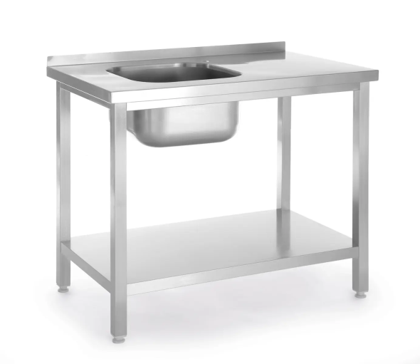 Stół ze zlewem i półką – skręcany, HENDI, Kitchen Line, zlew po lewej stronie, 800x600x(H)850mm
