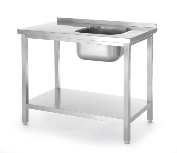Stół ze zlewem i półką – skręcany, HENDI, Kitchen Line, zlew po prawej stronie, 1000x600x(H)850mm