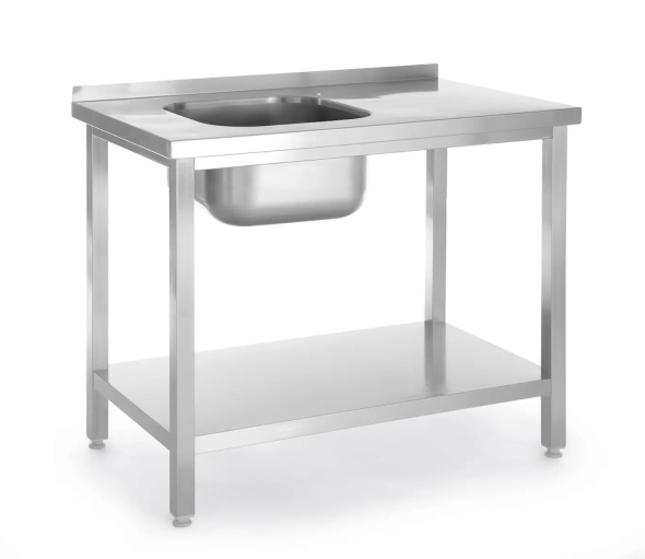 Stół ze zlewem i półką – skręcany, HENDI, Kitchen Line, zlew po lewej stronie, 1000x600x(H)850mm
