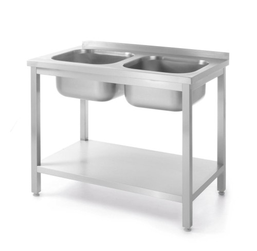 Stół z 2 zlewami i półką – skręcany, HENDI, Kitchen Line, dwa zlewy, 1000x600x(H)850mm