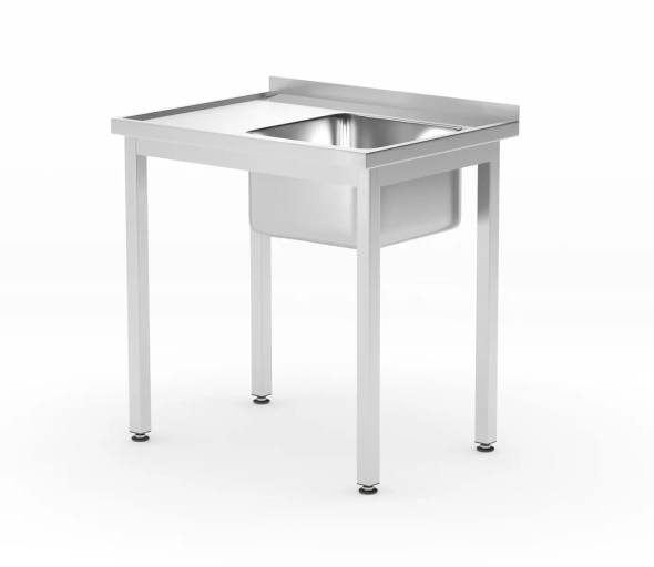 Stół ze zlewem i półką – skręcany, HENDI, Profi Line, komora po prawej, 800x600x(H)850