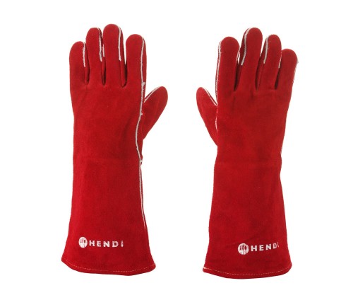 Przejdź do produktu Rękawice do grilla, skórzane, HENDI, czerwony, 2 szt., (L)410mm