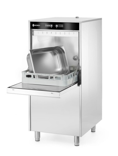 Przejdź do produktu Zmywarka do garnków i tac 50x60 – sterowana elektronicznie, z dozownikiem detergentu i pompą spustową, HENDI, 400V/7100W, 595x777x(H)1335mm