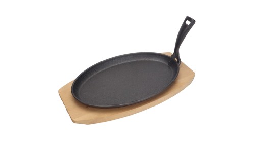 Przejdź do produktu Półmisek żeliwny z drewnianą podstawą i uchwytem, HENDI, czarny, 280x140x(H)30mm