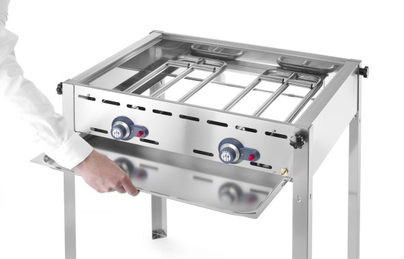Grill Green Fire 2-palnikowy, HENDI, Profi Line, Emaliowana patelnia żeliwna i ruszt GN 1/1, 11,6kW