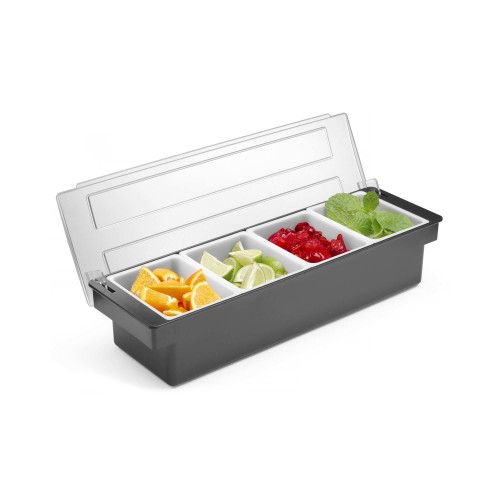 Przejdź do produktu Pojemnik barmański na dodatki do drinków - 4 wkłady, Bar up, 480x150x(H)100mm
